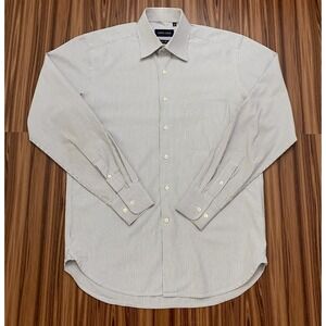 MARIO CALDI Mens Dress Shirt Size 38/15 White Gray Striped‎ Textured Long Sleeve